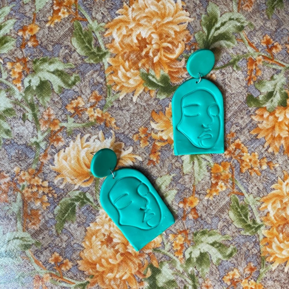 Handmade Clay Earrings | Face Outline Statue | Dark Turquoise | Push Backs
